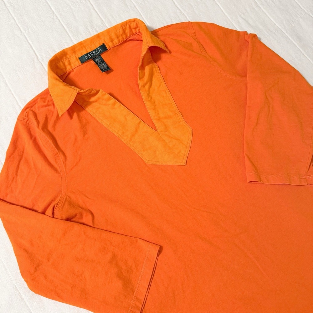 Lauren Ralph Lauren‎ Shirt Womens MEDIUM Orange V-neck 3/4 Sleeve Collared Tunic